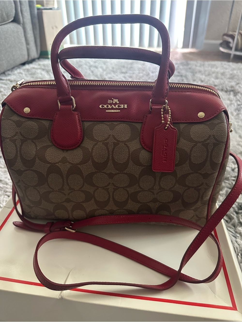 Coach Brown Signature Satchel with Red Trim